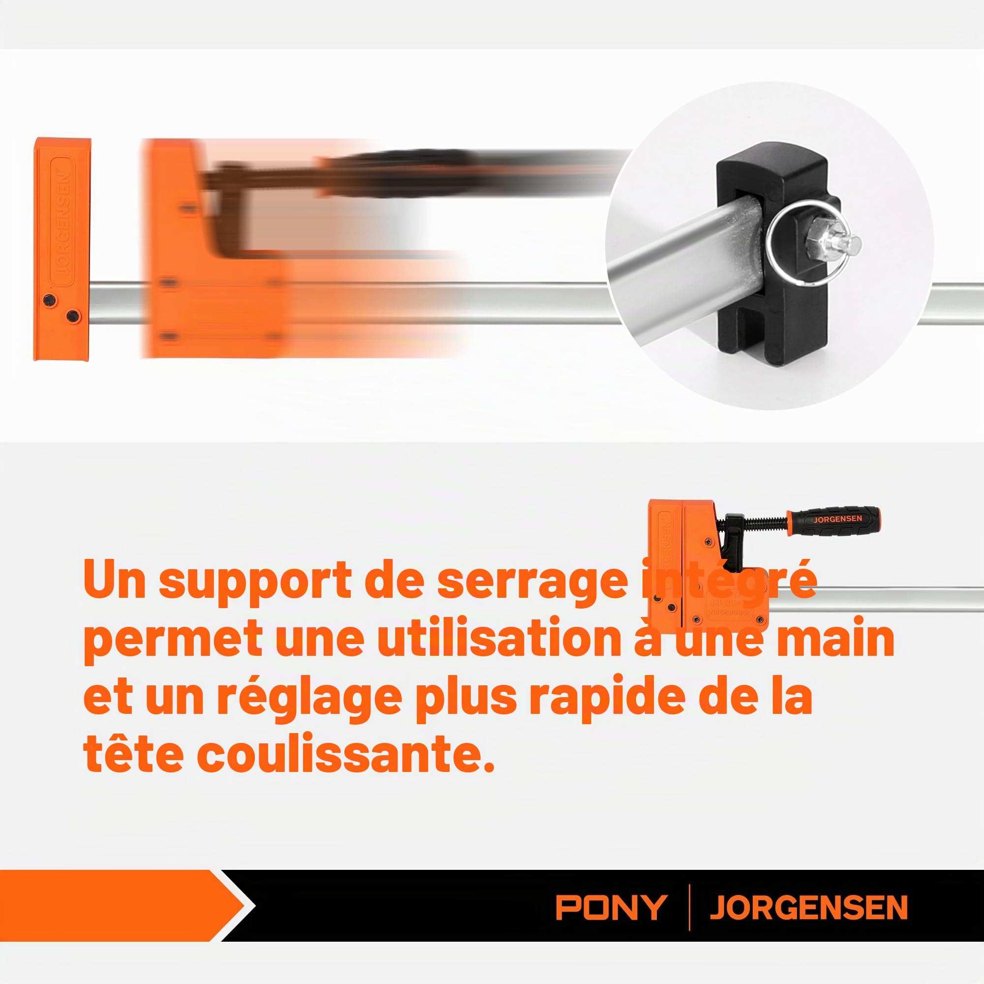 JORGENSEN Jeu de 2 Serre-joints à une Main en Acier et Nylon pour une Fixation Précise | Largeur de Serrage de 600 mm, Force de Serrage Maximale de 680 kg, Plage d'Étirement jusqu'à 770 mm