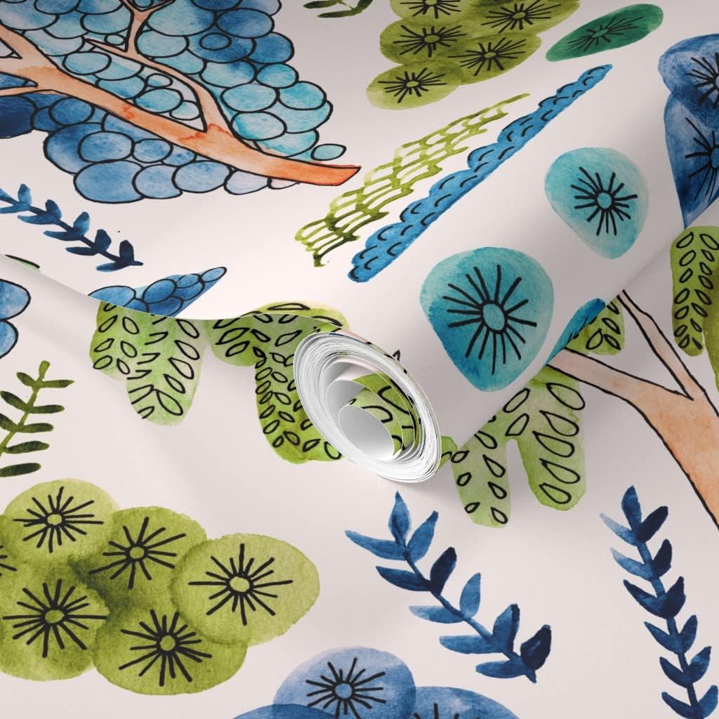 Removable Wallpaper 9ft x 2ft - Cute Watercolor Chinoiserie Garden Green Blue Nature Trees Asian Style Custom Pre-Pasted Wallpaper by Spoonflower
