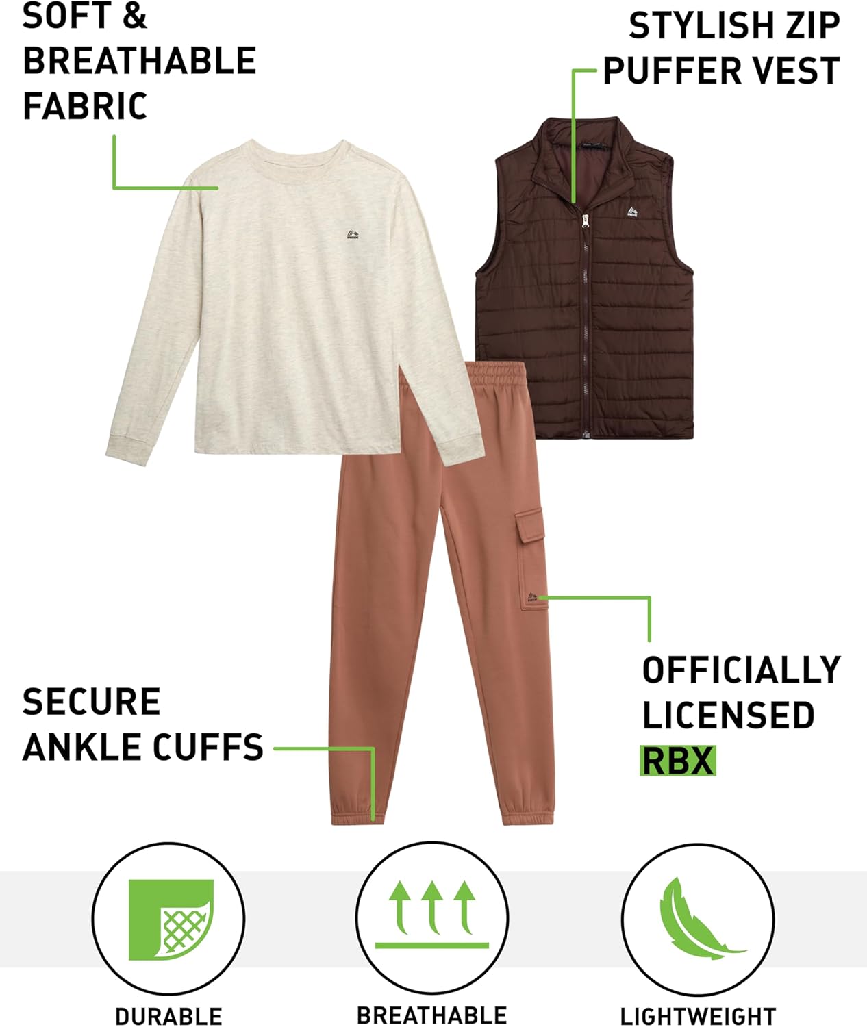 RBX Boys Pants Set - 3 Piece Zip Up Puffer Vest, Crew Neck Long Sleeve T Shirt and Fleece Joggers for Boys (Sizes: 4-12) - Image 2