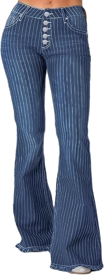 Womens Casual High Waist Bell Bottom Jeans Striped Printed Hem Raw Flare Denim Pants