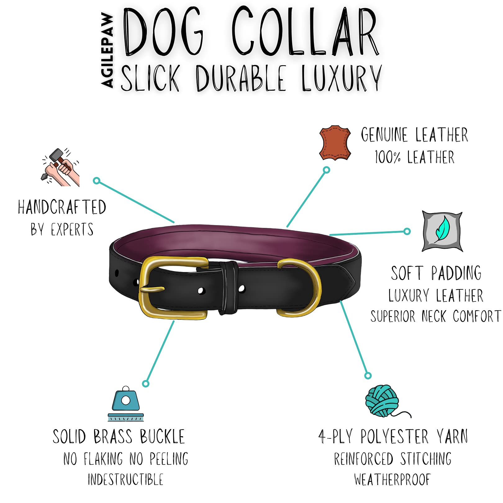 Leder-Hundehalsband – Schwarz, Gepolstert, Mit Messingschnalle, Für Halsumfang 45,7–55,9 Cm