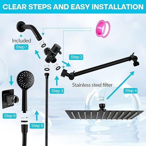 Miniatura 6 de Cabezal de ducha con rociador de mano, cabezal de ducha de mano, cabezal de ducha de cascada negra de 10 pulgadas, juego de cabezales de ducha con