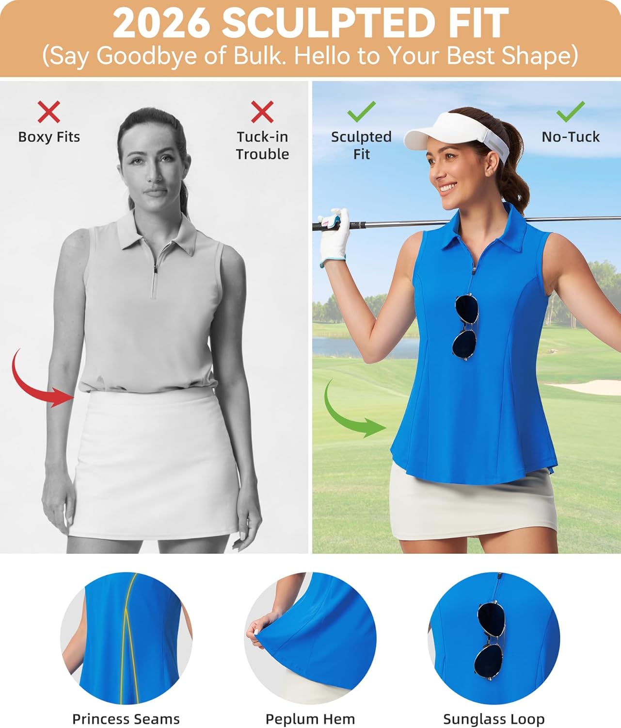 Casei Women's Sleeveless Golf Polo Shirt with Sunglass Loop, UPF 50+ Quick Dry Tennis Pickleball No-Tuck Peplum Top 1/4 Zip - Image 4