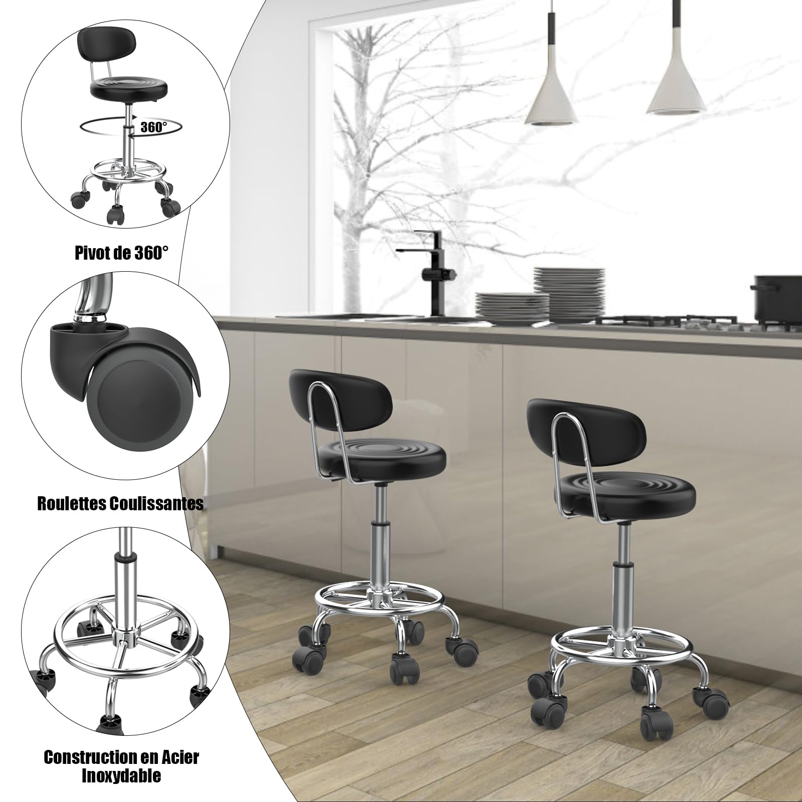 PIPIPOXER Lot de 2 Tabourets de Bureau avec Dossier, Pivotant 360°, Réglable en Hauteur 47-61,5 cm, Ergonomique, Noir