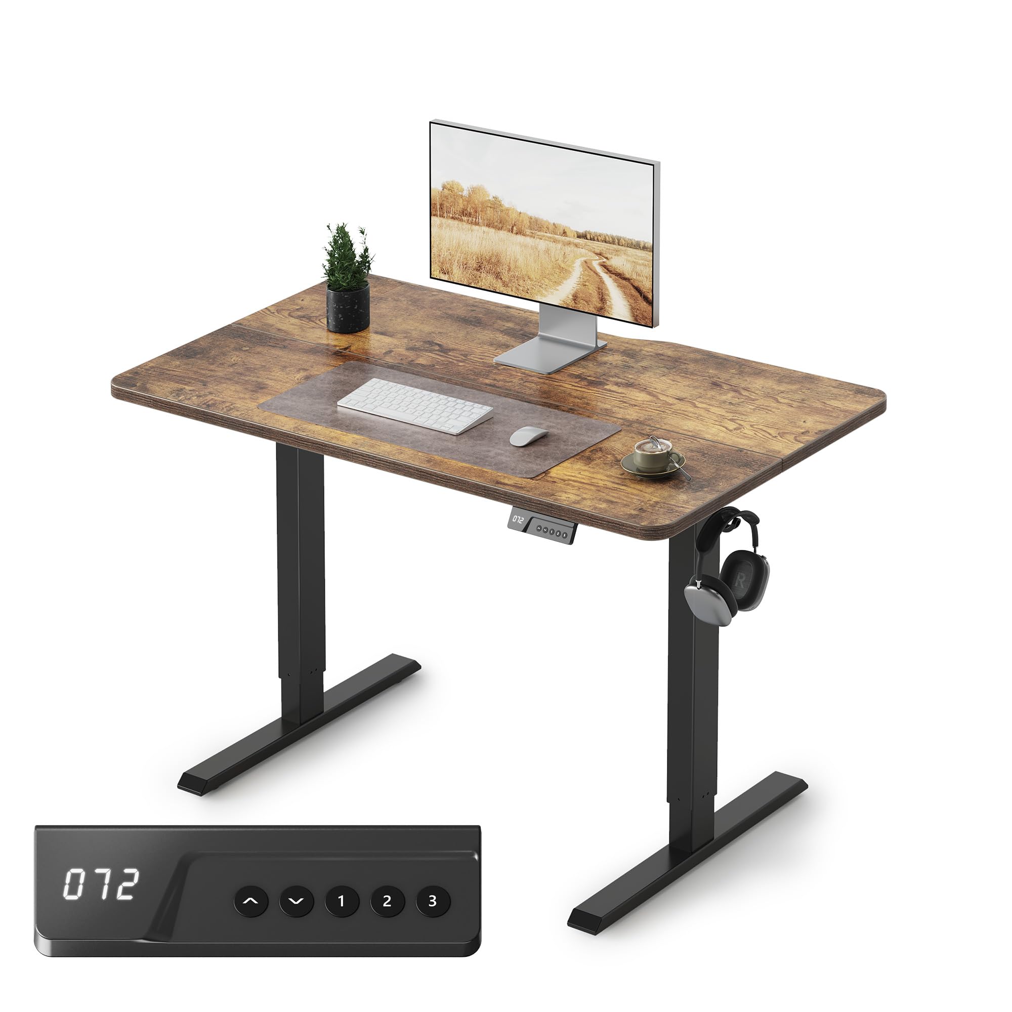 FEZIBO Electric Standing Desk 100 x 60 cm, Height Adjustable Sit Stand Desk with 3 Memory Presets, Home Office Computer Desk, Black Frame with Vintage Brown Top
