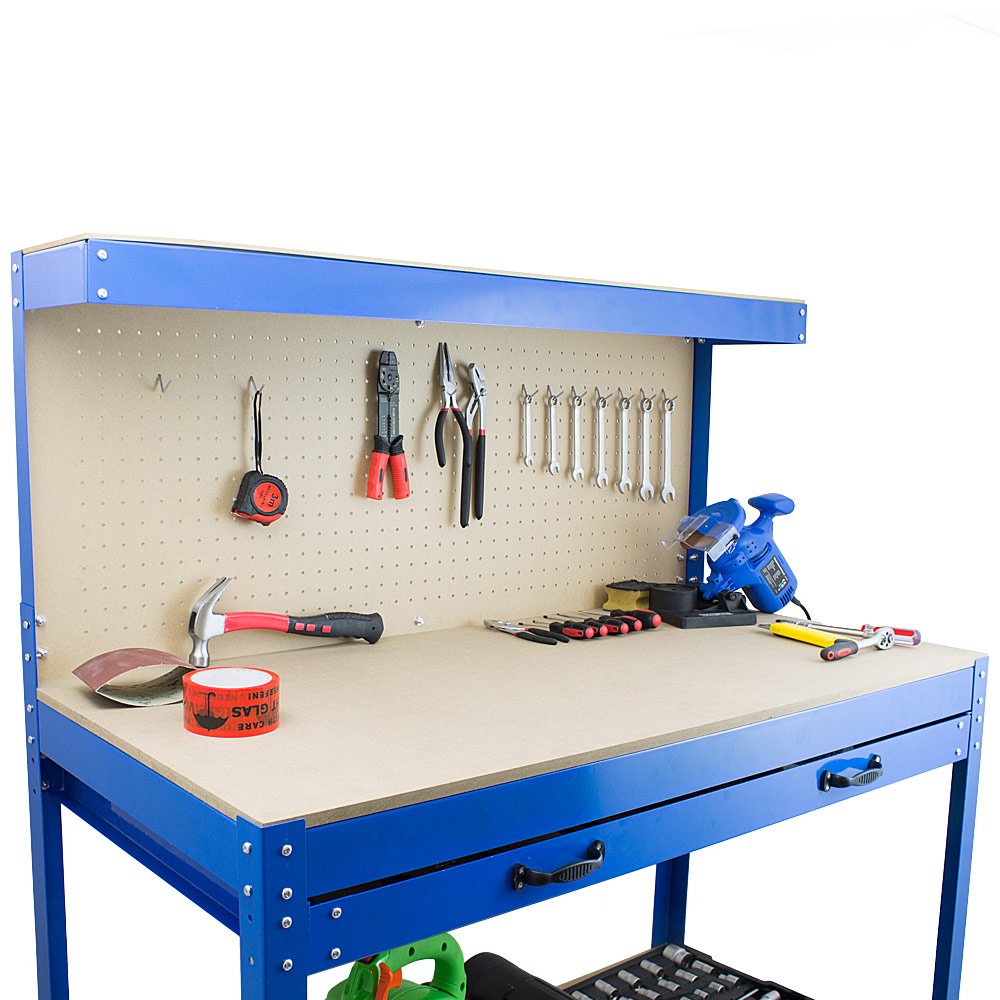 BITUXX Werktisch Werkbank Arbeitstisch Arbeitsplatte Lochwand Schublade Werkstatt 115 x 55 x 140 cm Blau