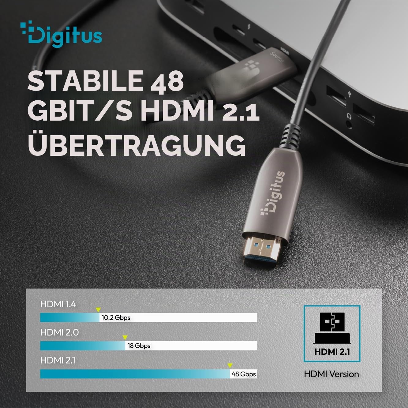 DIGITUS Glasfaser HDMI-Kabel – 15 m – UHD 8k 60Hz 4k 120Hz – HDMI 2.1 | 48 Gbps – eARC, HDR, HDCP 2.2, CEC – AOC Hybrid-Kabel – vergoldete Kontakte – HDMI-Glasfaserkabel – Schwarz
