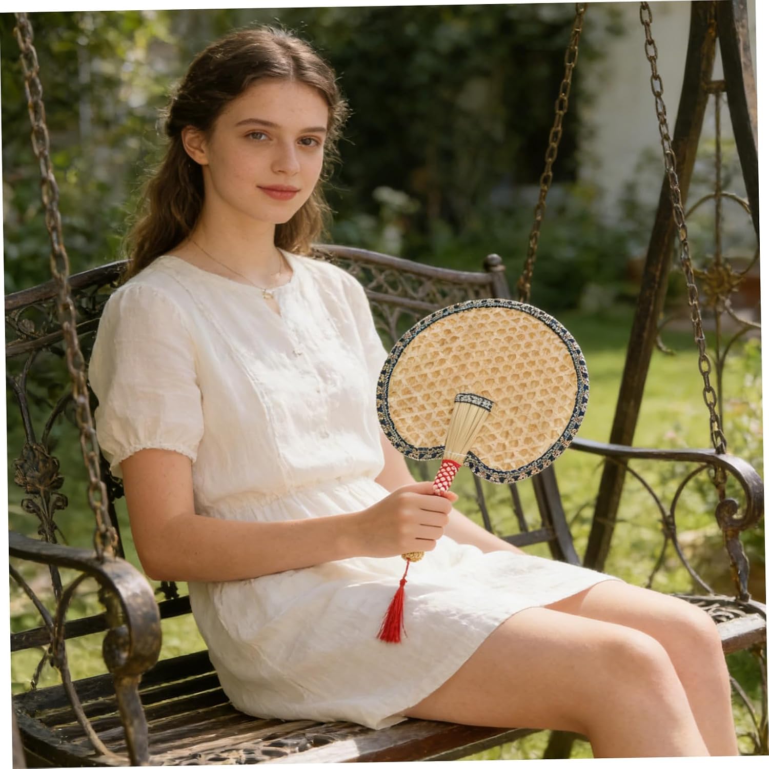 Handwoven Wheat Straw Fan, Portable Summer Cooling Hand Fan with Colorful Edges, Lightweight and Sturdy, for Outdoor Travel and Home Decoration