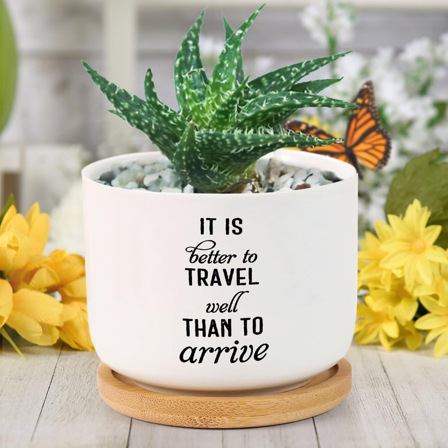 It is Better to Travel Well Than to Arrive Planters Ceramic Gift for Mother Day Round Plant Pot with Drainage Holes and Bamboo Tray Orchid Pot for Indoor Outdoor Garden