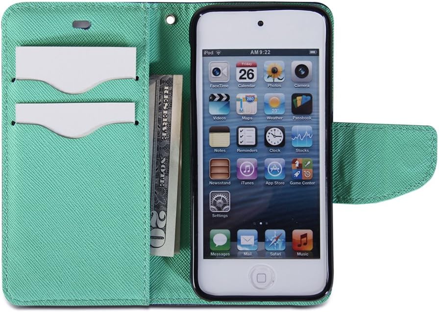 GMYLE iPod 5 Case, (R) Wallet Case Classic for iPod Touch 5th Generation - Navy Blue & Mint Green Cross Pattern PU Leather Protective Folio Slim Fit Wallet Stand Case Cover