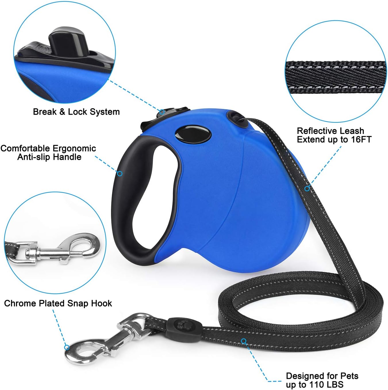 Pro Retractable Dog Leash, 16ft Dog Walking Leash for Large Medium Small Dogs up to 110 lbs, Tangle Free, Soft Hand Grip, Reflective Ribbon Cord, One Button Brake & Lock - Black
