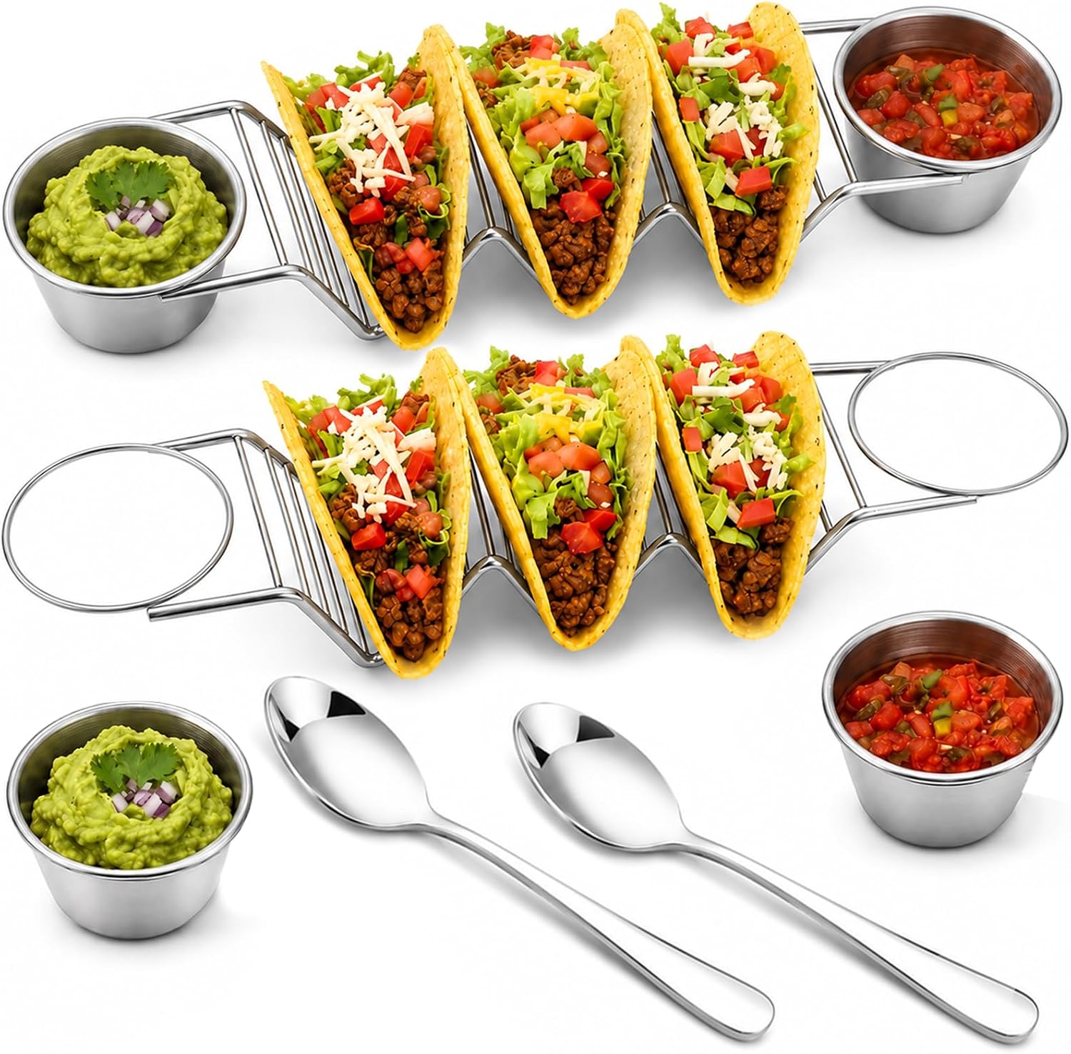 6 Slots Stainless Steel Taco Holder Stand with 4 Sauce Cups & 2 Golden Spoon, Oven Dishwasher Safe Taco Rack for Kitchen BBQ