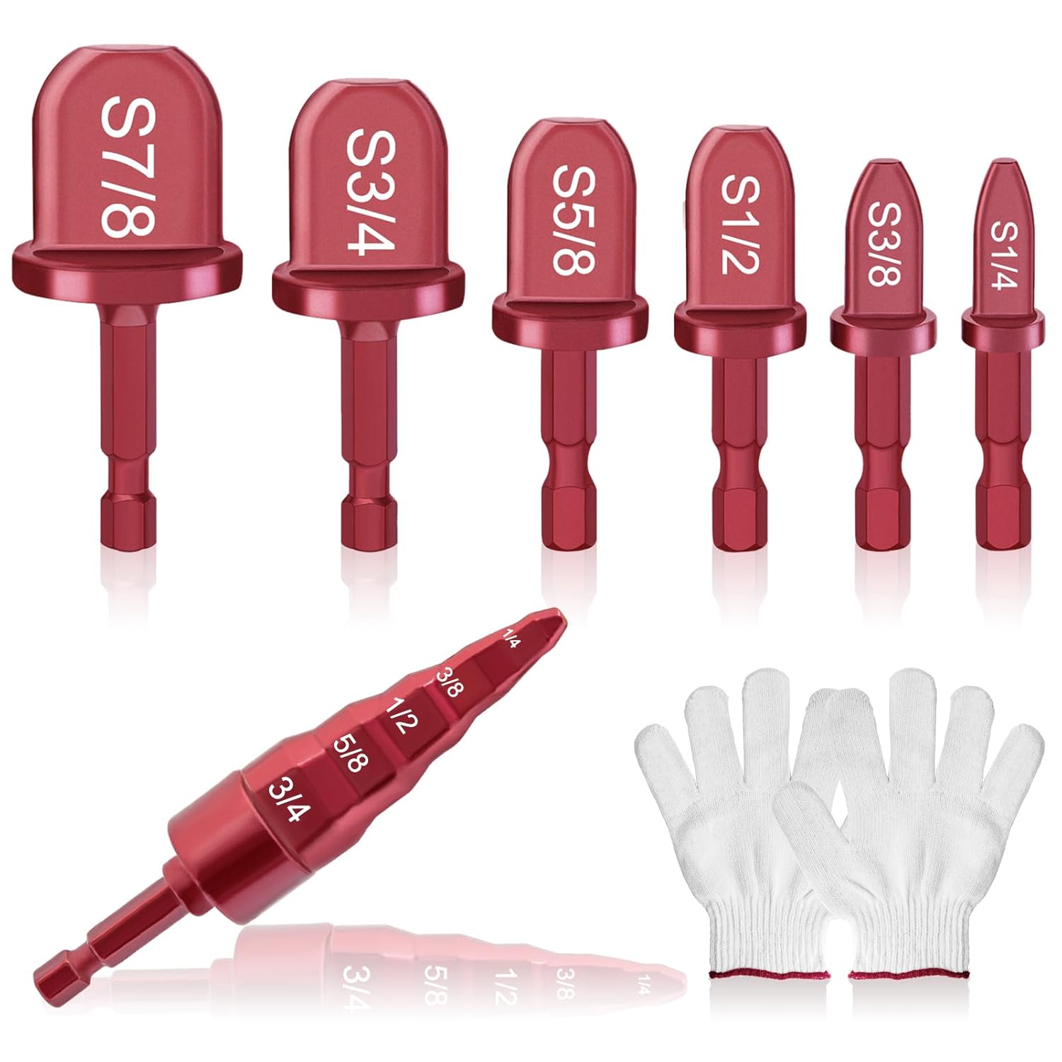 Swaging Tool Drill Bits, 8PCS HVAC Repairing Tools with 5 in 1 Copper Tube Expander 1/4'', 3/8'',1/2'',5/8'',3/4'',7/8'' Bits Set, Hakkin Hex Shank Copper Pipe Expander Flaring Tool with Tool Gloves