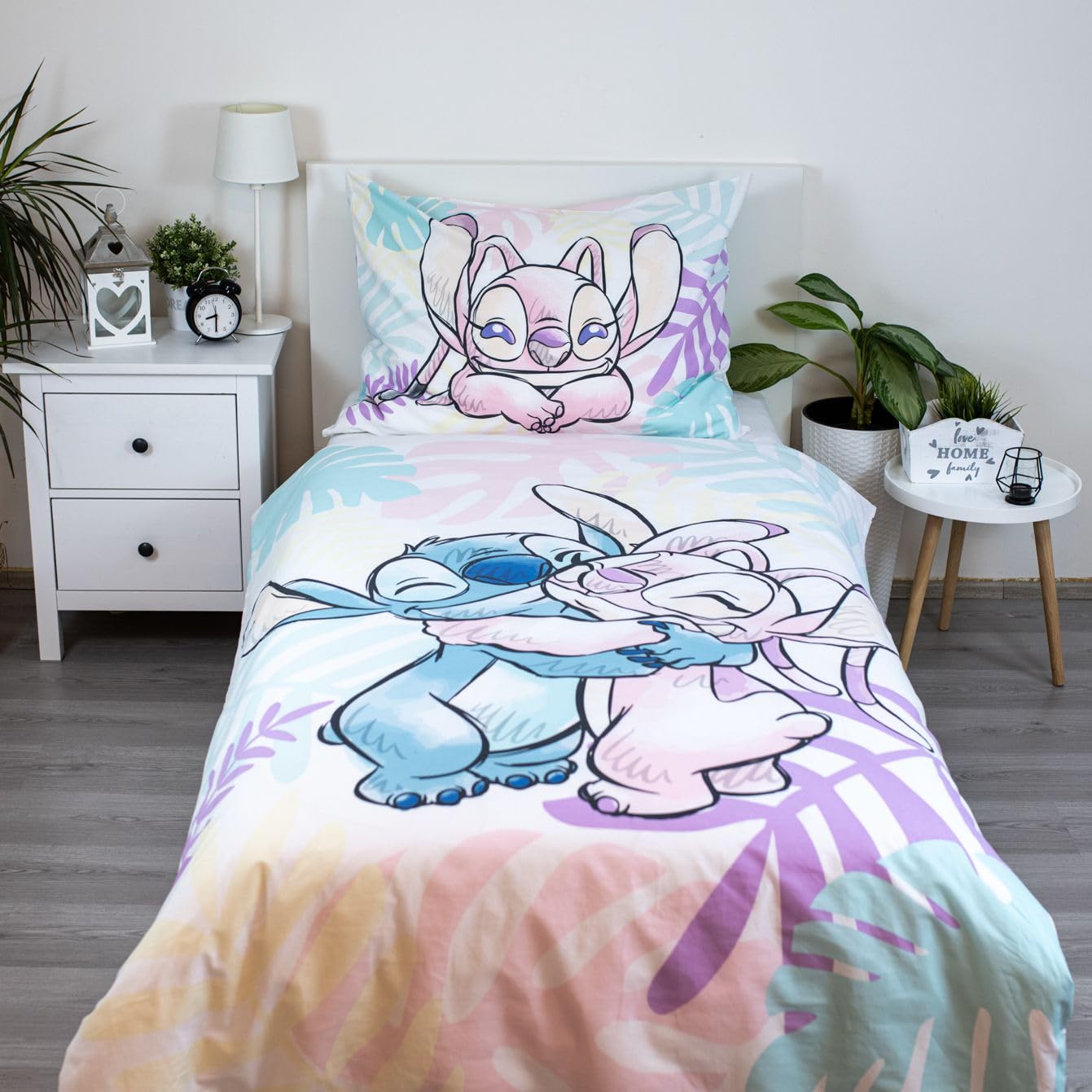 Jerry Fabrics Stitch & Angel - Set biancheria da letto reversibile, 1 copripiumino 140 x 200 cm e 1 federa 70 x 90 cm, 100% cotone, motivo foglie