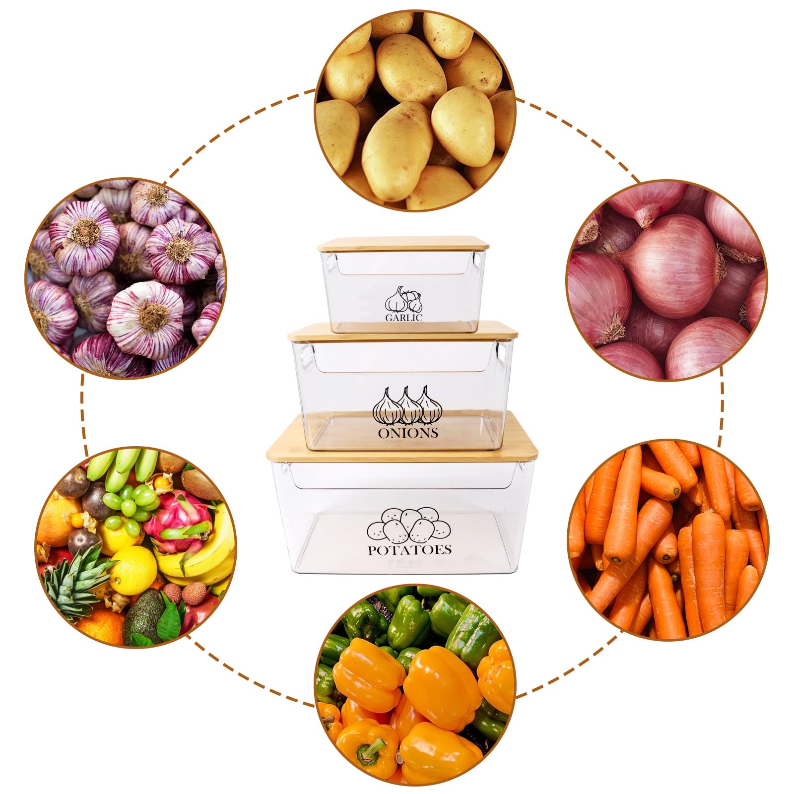 Cajas Patatas Cebollas 3 Piezas Acrílico, Tapa Madera Apilables