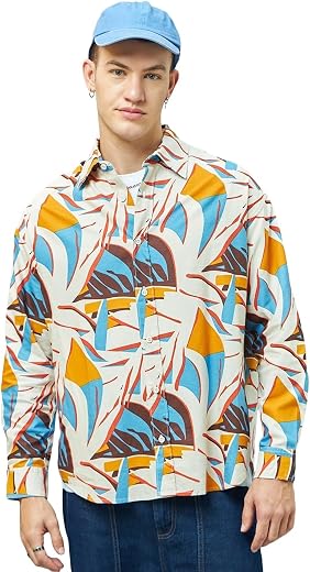 Bewakoof Men's 100% Cotton Oversized Fit Spread Collar Shirt