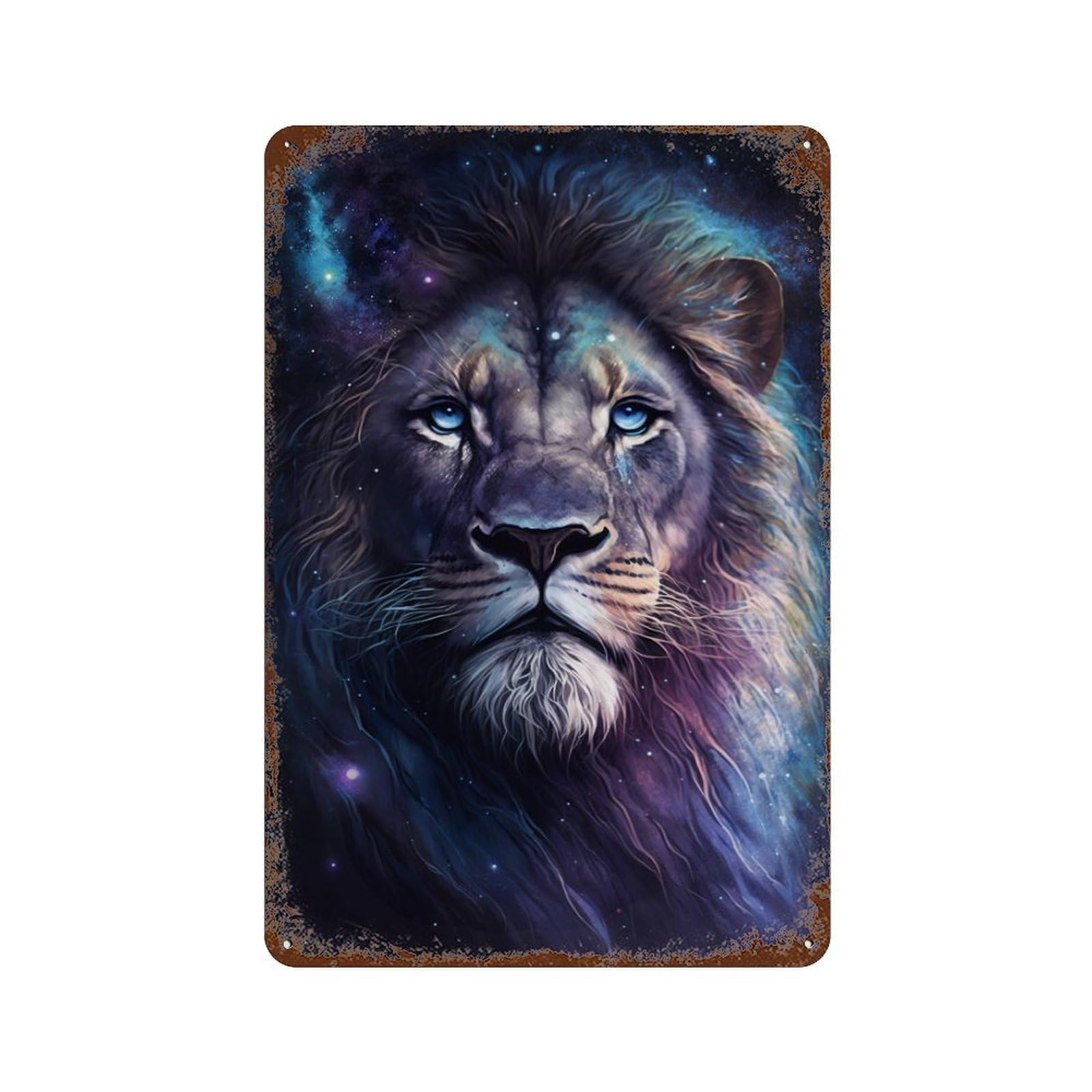 Rust Effect Cosmic Lion Art Print-10 Rustic Tin Plaque 11.8"x7.9", Classic Wall Plaque for Shed, Workshop And Garage Wall Decor