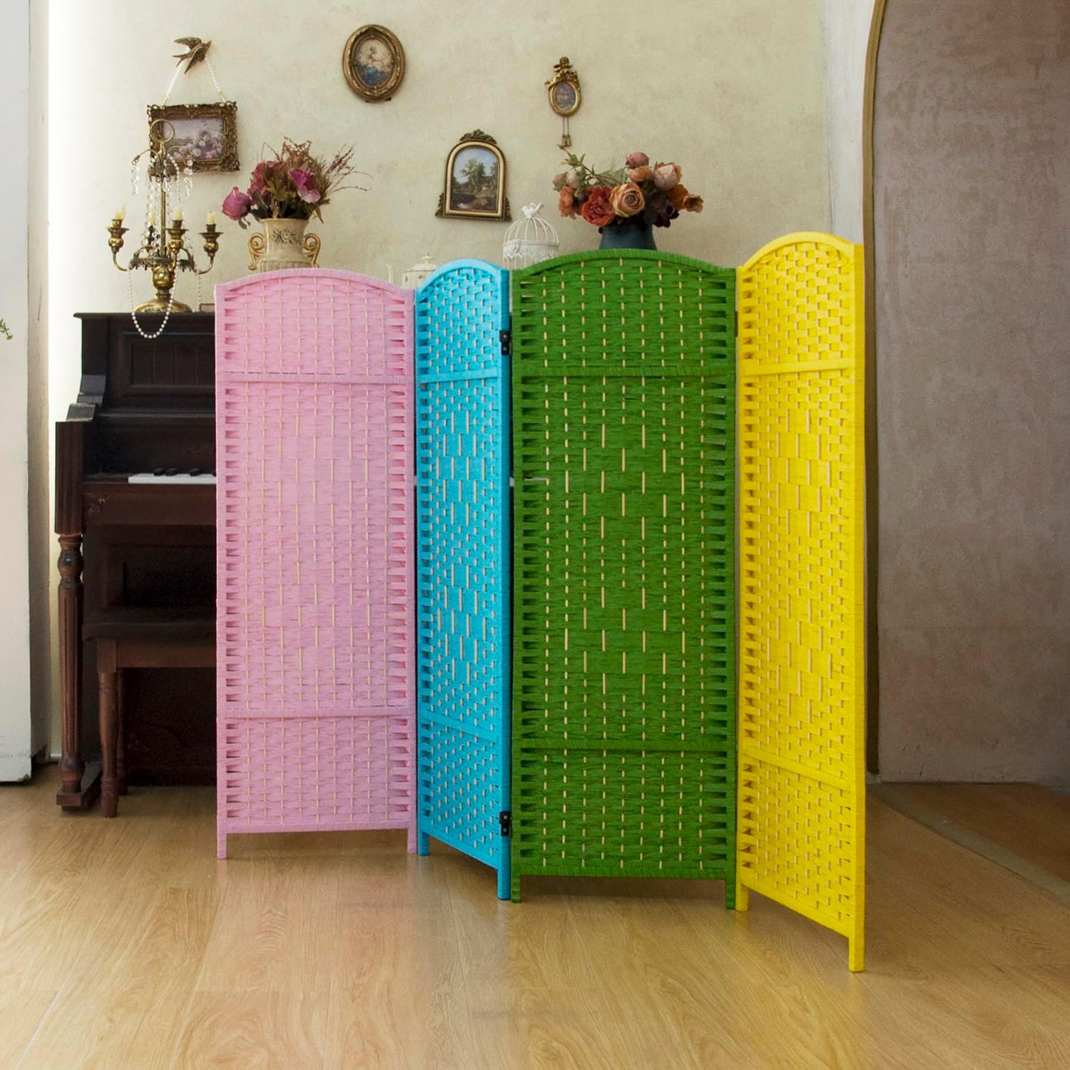 Compact 4 Panel Short Room Divider, 47.2 Inch Tall Double-Sided Rattan Folding Privacy Screen for Home & Office,Colorful