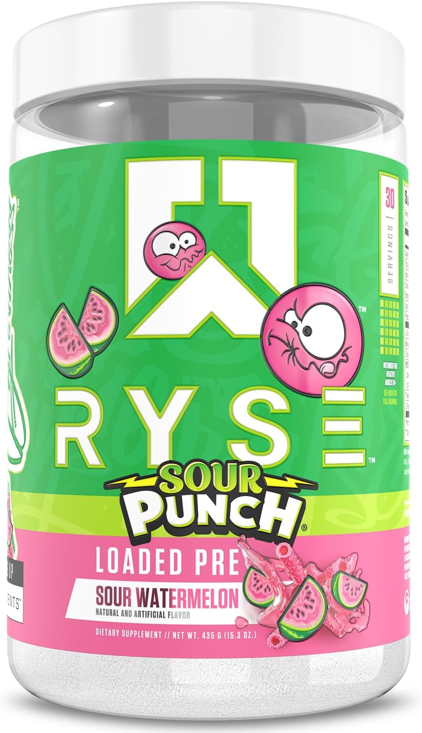 RYSE Loaded Pre Workout Powder - Sour Punch Watermelon - Daily Pre-Workout for Men & Women with 300mg Caffeine, Beta Alanine, and Citrulline for Pump, Focus, and Energy - 30 Servings