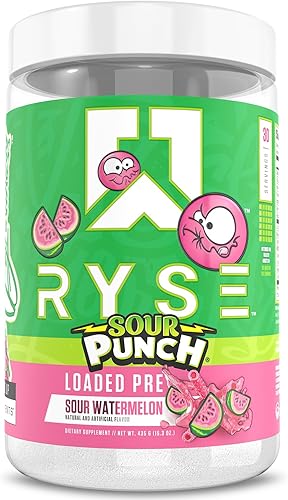 RYSE Loaded Polvo de Pre-Entrenamiento - Sour Punch Sandía - Pre-entrenamiento diario para hombres y mujeres con 300mg de cafeína, beta alanina y