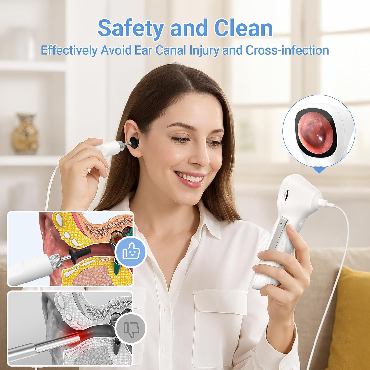 Diagram illustrating safe and clean ear inspection practices, showing proper use of the otoscope and highlighting the IP67 waterproof tip.