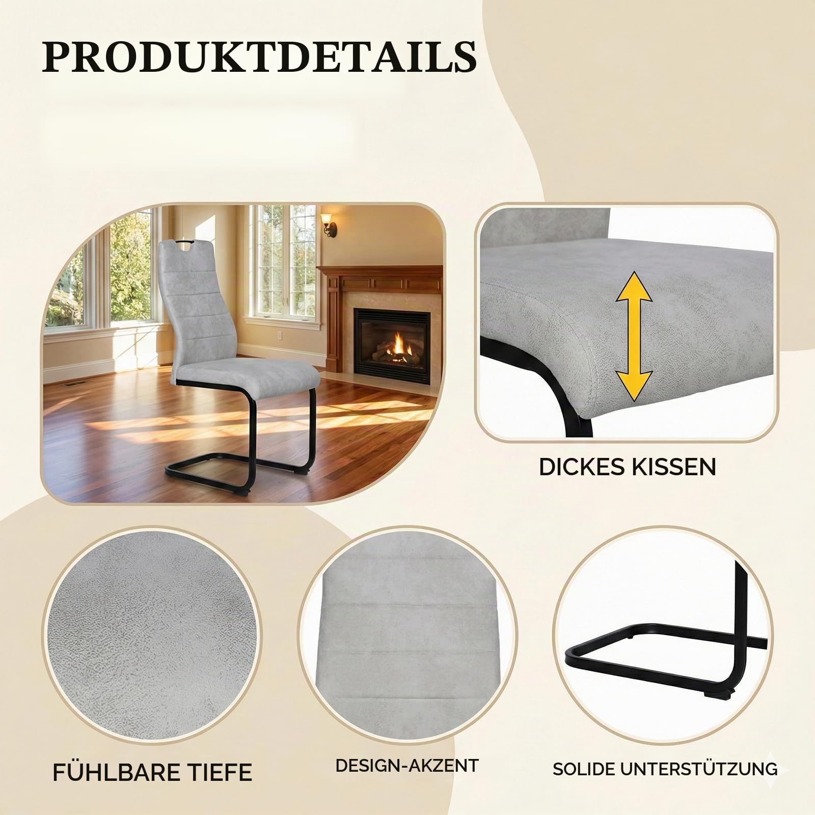 JIEXI Esszimmerstühle 4er Set, Freischwinger Schwingstuhl, Hohe Rückenlehne, Wohnzimmerstuhl 150kg belastbar, Moderner Designstuhl für Esszimmer Küche, Grau