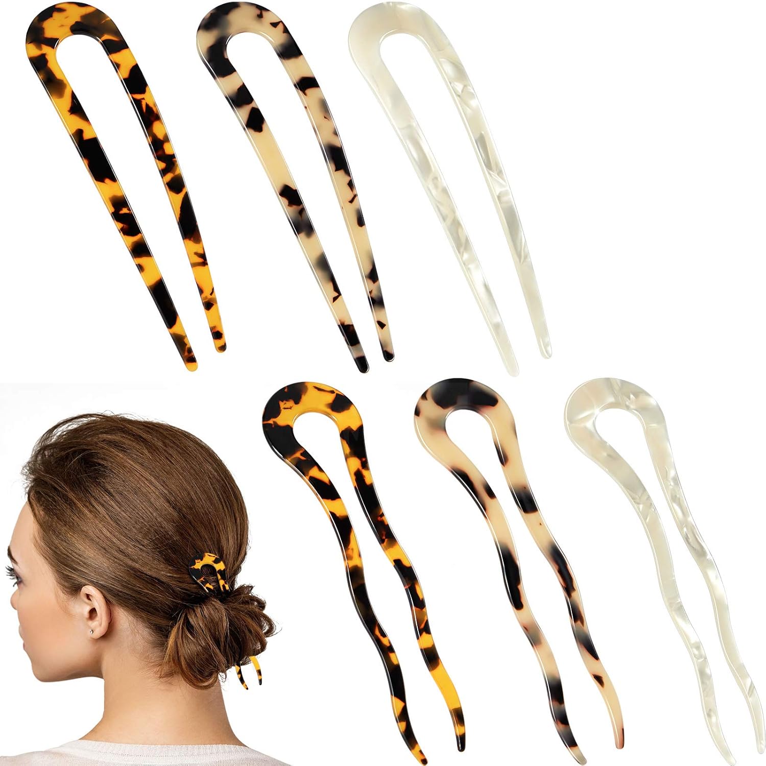 6 Pieces French Tortoise Hair Pins Tortoise Shell U Shaped Clips Large Wavy Crink Chignon Pins Cellulose Acetate Updo Bun Hair Sticks with 2 Prongs for Women Girls Hairstyle Accessories (Retro) : Beauty & Personal Care