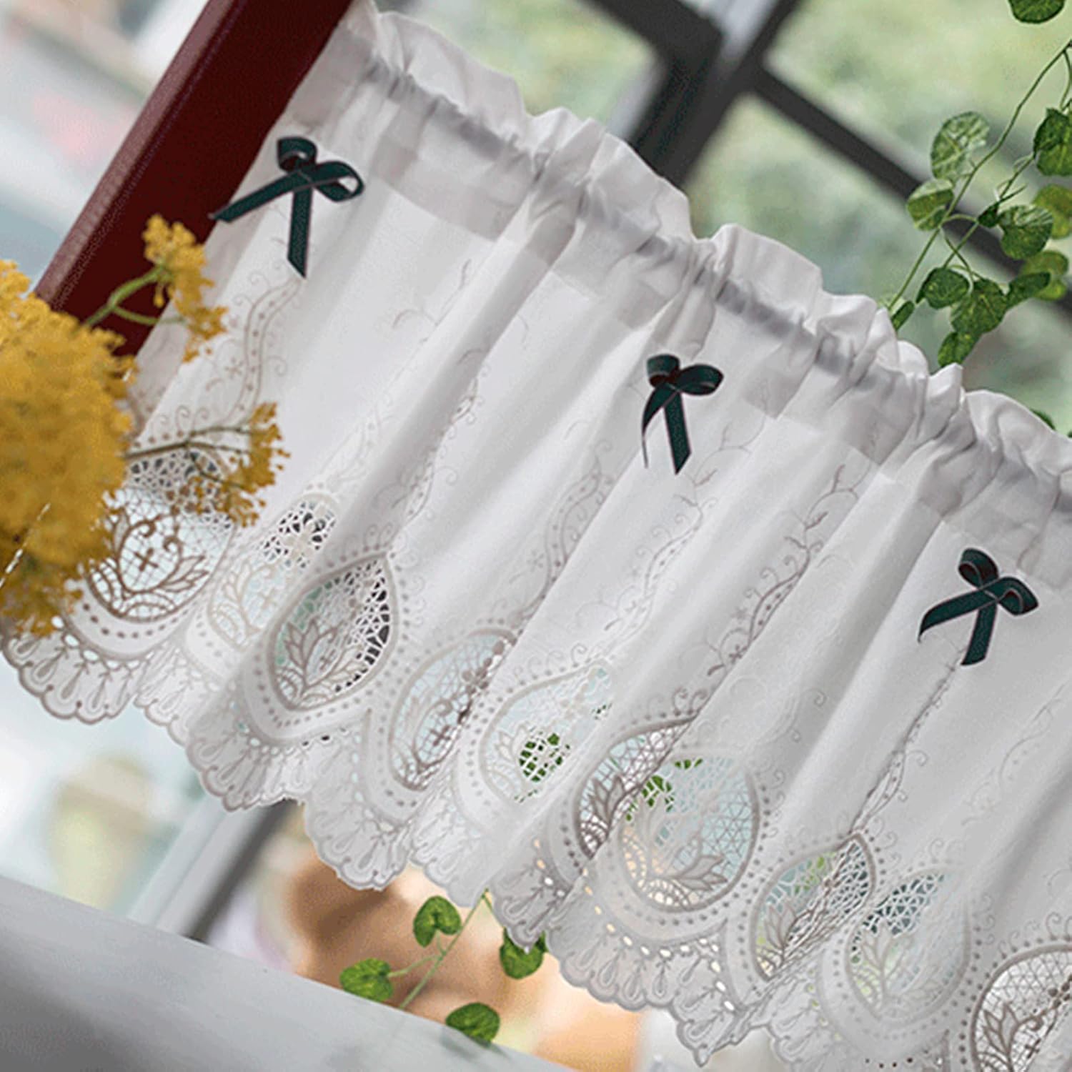 Tier Curtains Kitchen Curtain,Hollow Embroidered Lace Half Curtain,Country Style Cafe Curtain,Translucent Bistro Curtains,Valance Short Curtains for Kitchen Living Room Bathroom Bedroom