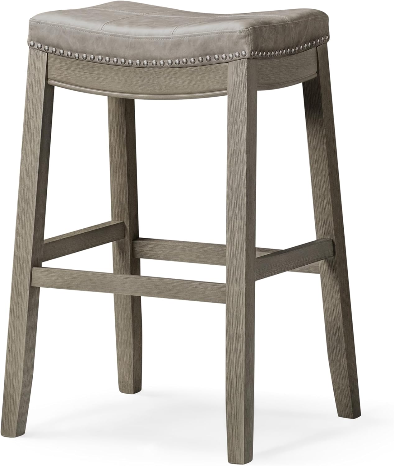 Maven Lane Sophia Backless Bar Stool 31 Inches – Saddle Stool with Footrest – Grey Solid Wood and Grey Faux Leather Upholstery – Ideal for Bars, Pub Tables & Tall Kitchen Counters