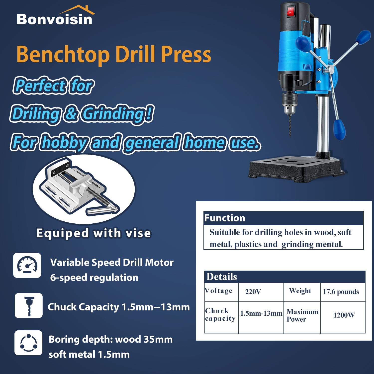 Bonvoisin Mini Tischbohrmaschine 1200W, 6 Variable Geschwindigkeiten, Max. 2800RPM, Bohrerdurchmesser 35mm, für Basteln/Heimwerken/Metallbearbeitung (EU)
