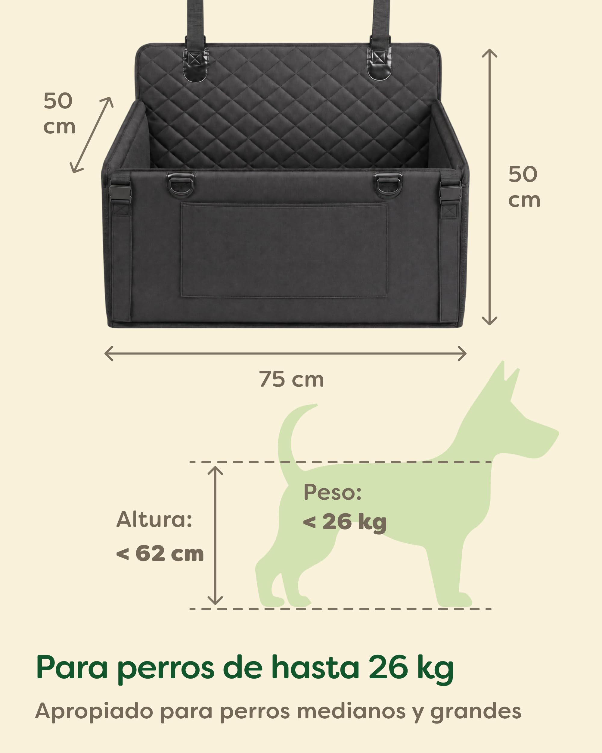 Knupis Asiento de Coche para Perro Grande – Repelente al Agua y Resistente a los Arañazos con 5 Bolsillos – 4 Correas de Fijación y Correa de Seguridad Acoplable – con Base Antideslizante