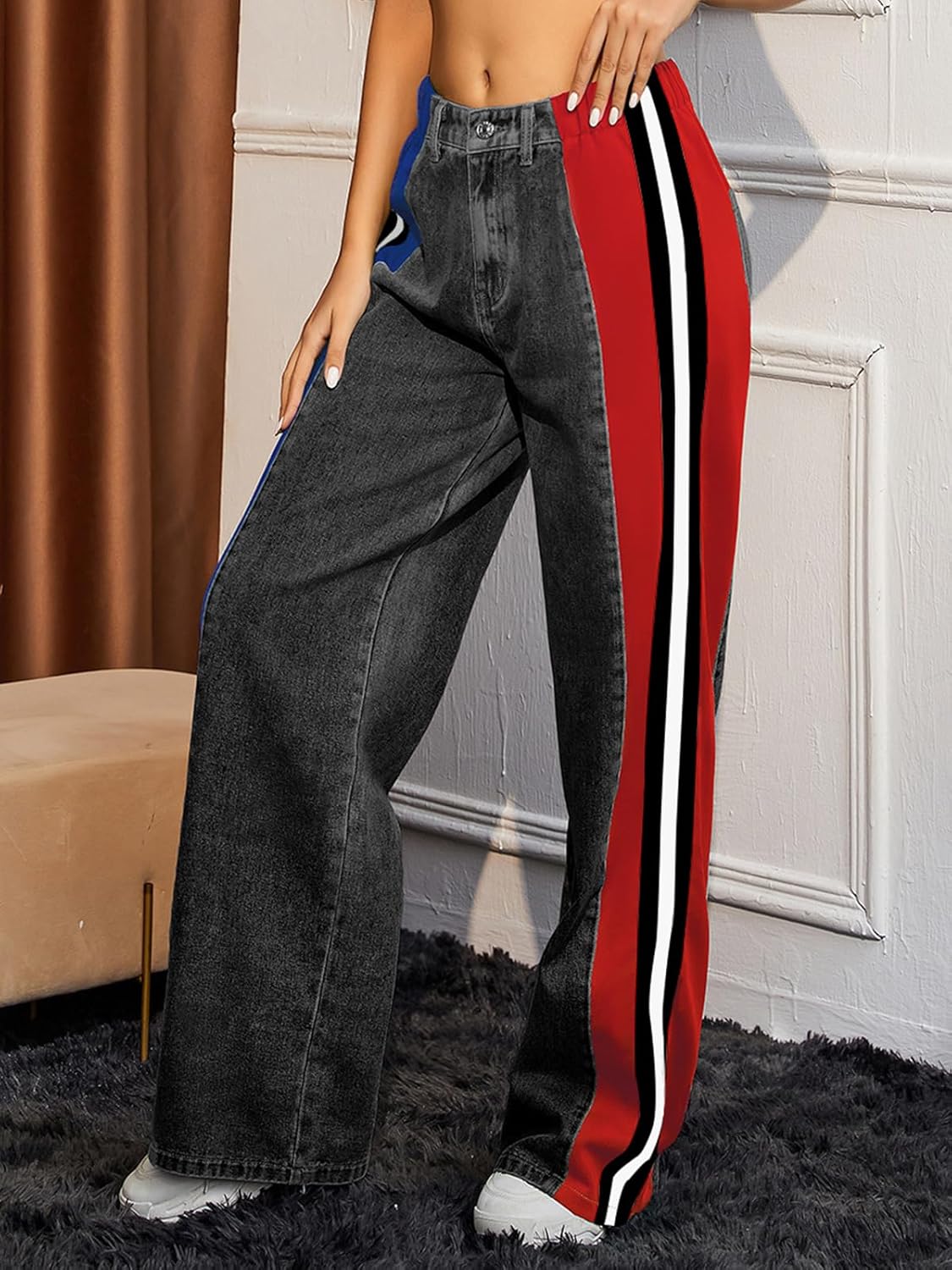 Angsuttc Jeans for Women Patchwork Stripes Trendy Jean High Elastic Waist Color Blocked Wide Leg Denim Pant Stretchy - Image 5