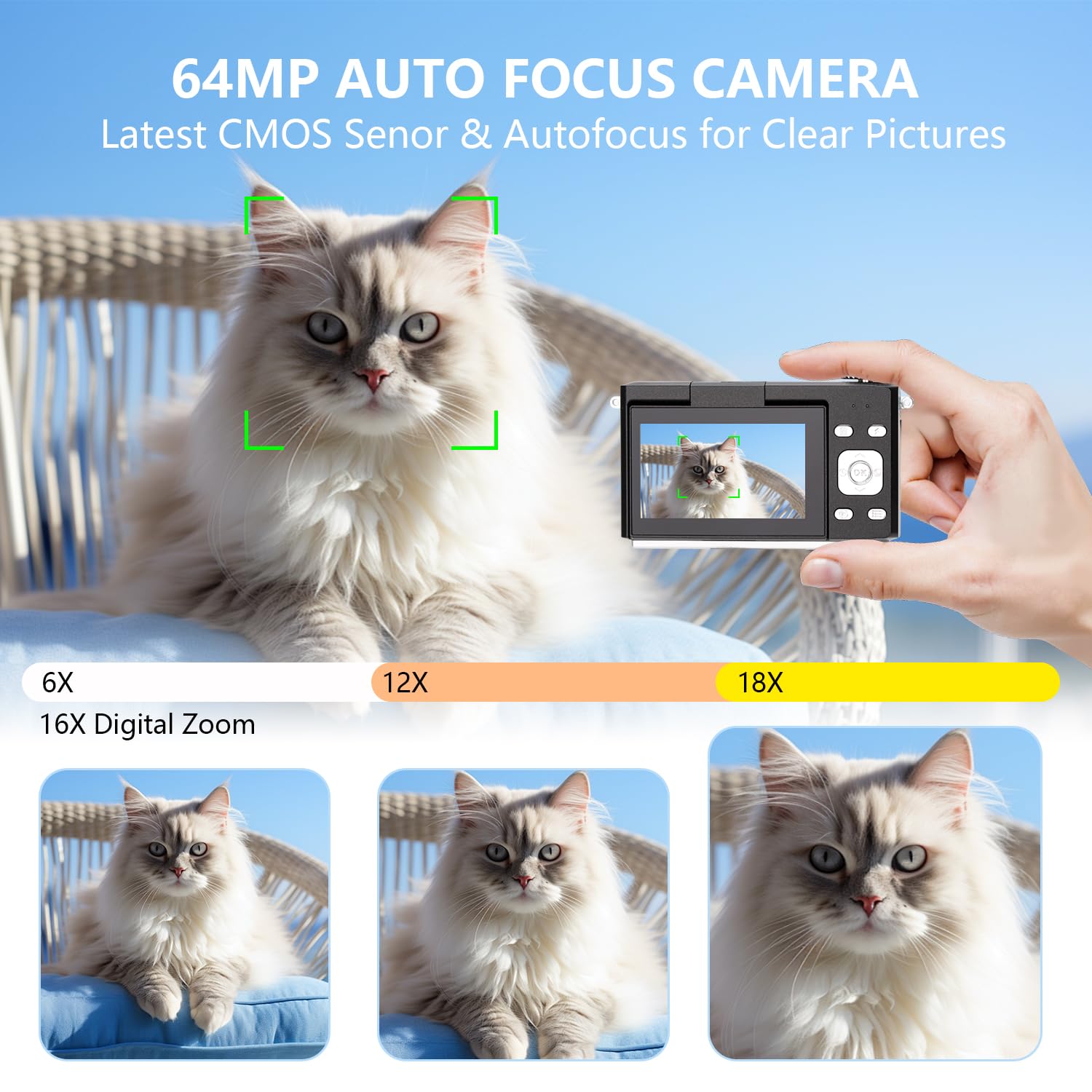 4K Digitalkamera für Fotografie, 64MP, Autofokus, 18X Digitalzoom, 3 Zoll 180° Flipscreen, kompakte Reisekamera, inklusive 32GB SD-Karte
