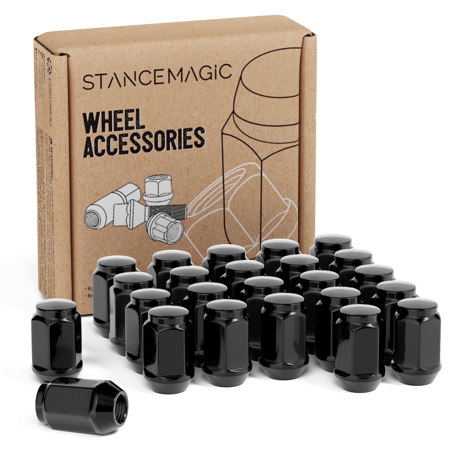 StanceMagic - 24pcs Black Bulge Lug Nuts, 7/16x20 Threads, Cone Taper Acorn Seat, Closed End, 1.4 inch Length, Compatible with Chevrolet Trucks K10