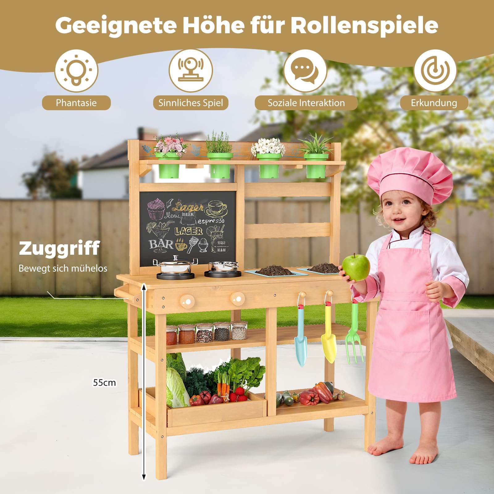 COSTWAY Matschküche Kinder Outdoor, Kinderküche mit Tafel, Wasserhahn, Spülen, Blumentöpfen & Gartenzubehör, Garten Spielküche Holz, Outdoorküche für Kinder ab 3 Jahren