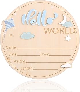 Baby Announcement Plaque, 15cm/6in Hello World Newborn Welcome Board Wooden Birth Stats Board Name Plaques for Hospital Nursery Room Décor New Baby (Blue Kite Style)