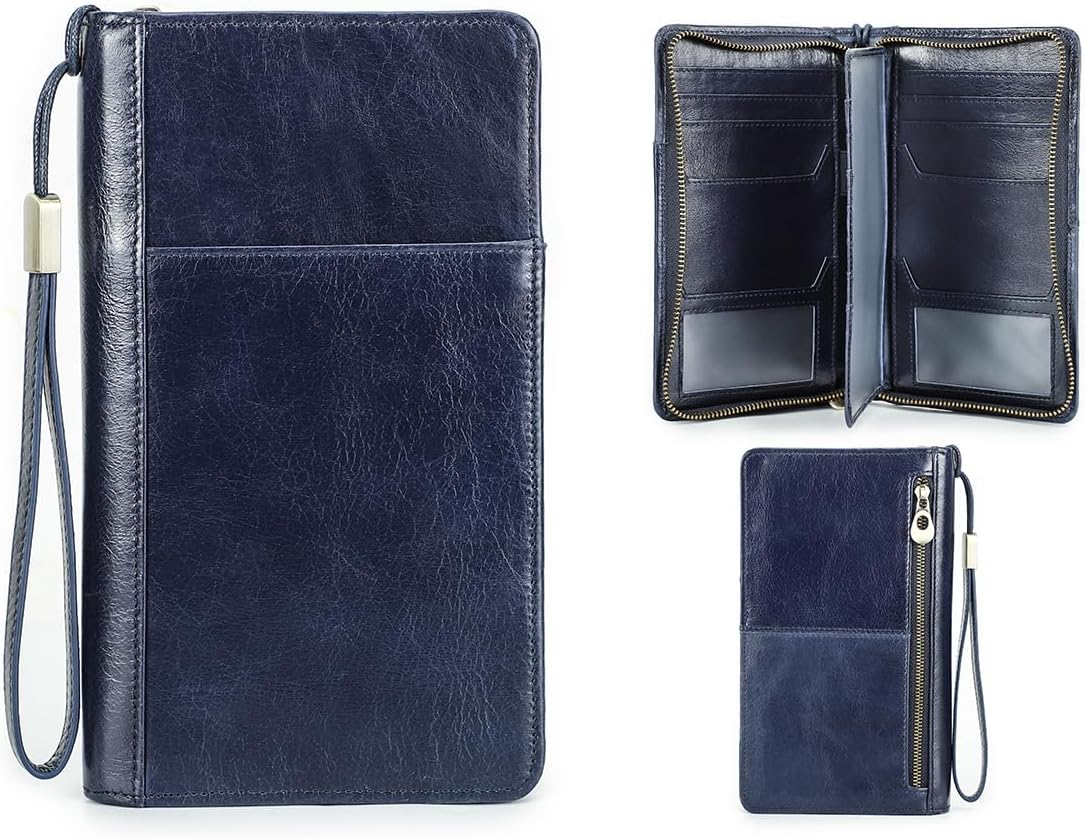 Contatti Pochette da viaggio da uomo in vera pelle con cinturino, borsa con blocco passaporto RFID marrone, pochette per telefono da uomo di grande capacità, blu-1029