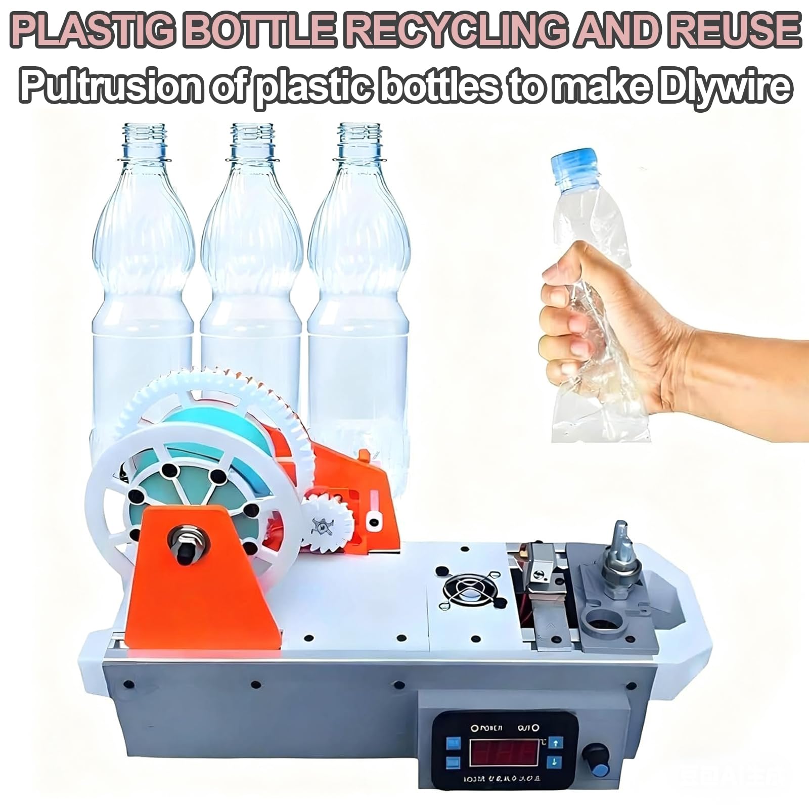 Recykling butelek PET z recyklingu, drukarka 3D, pultruzja filamentów 3D z butelek plastikowych, regulacja temperatury i prędkości, do produkcji drutu, zwijania drutu, zielony