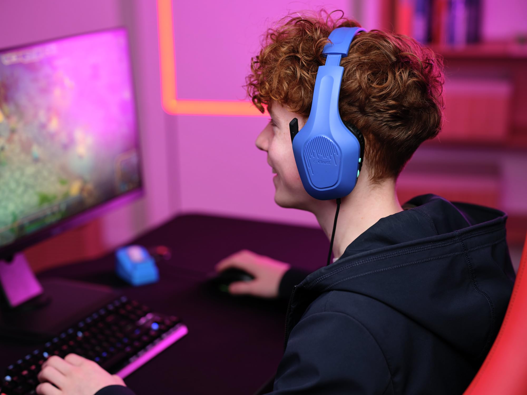GXTrust Rayne lekkie słuchawki gamingowe PC Xbox PS5 Switch, niebieskie | 3.5 mm, kabel 200 cm, przetworniki 50 mm, odchylany mikrofon, przewodowy zestaw słuchawkowy wokółuszny