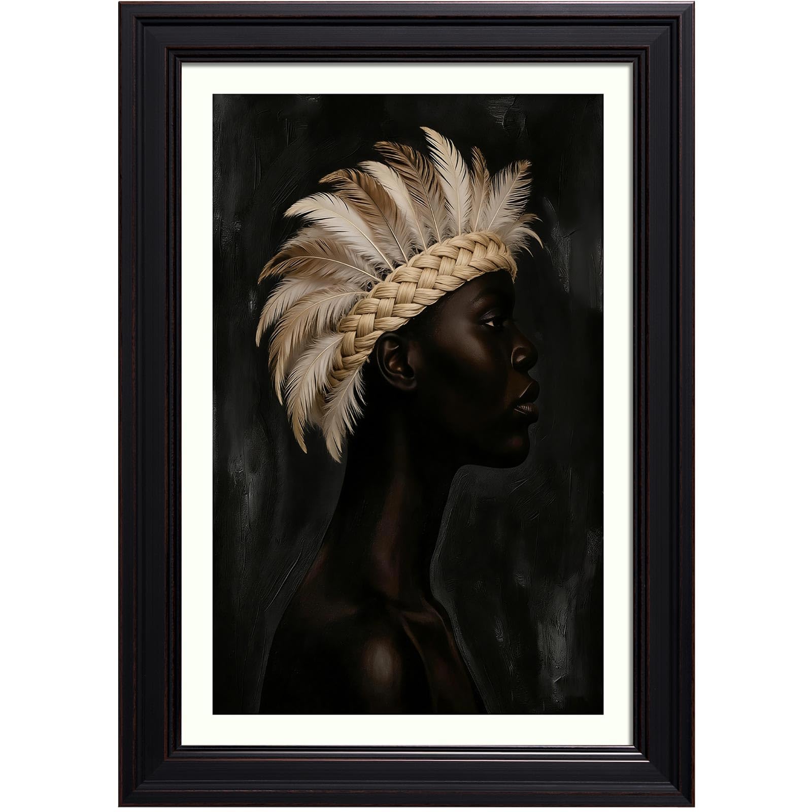 African American Black Woman Profile Feather Headwrap Wall Art Canvas Print Aesthetic Room Decor Bedroom Apartment Family Home Decor 8X10 in Flat Black Framed