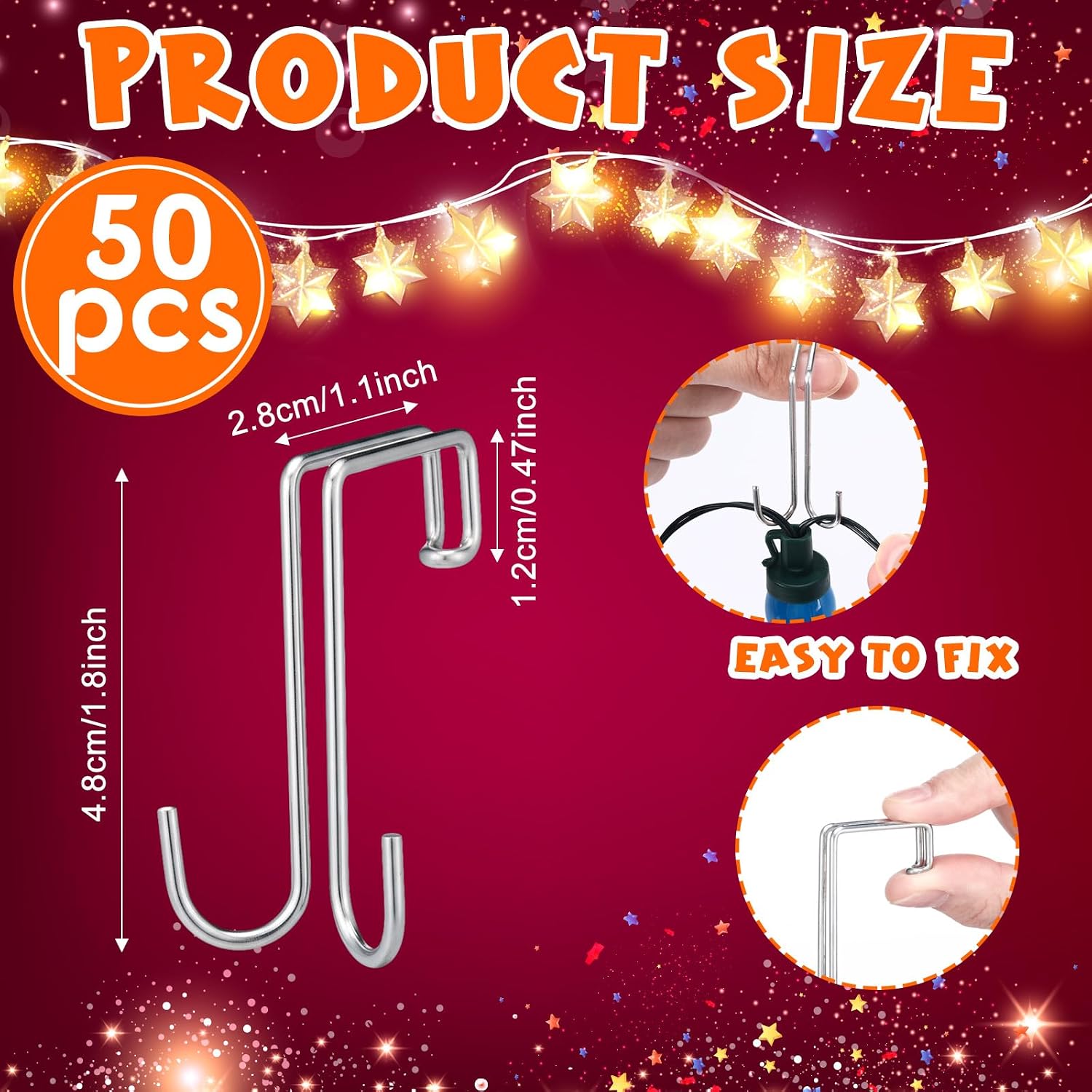 Therwen 50 Pcs Christmas Gutter Light Clips Outdoor Metal Hanging Gutter Hooks Weatherproof Christmas String Light Hangers for Holiday Halloween Xmas Decoration