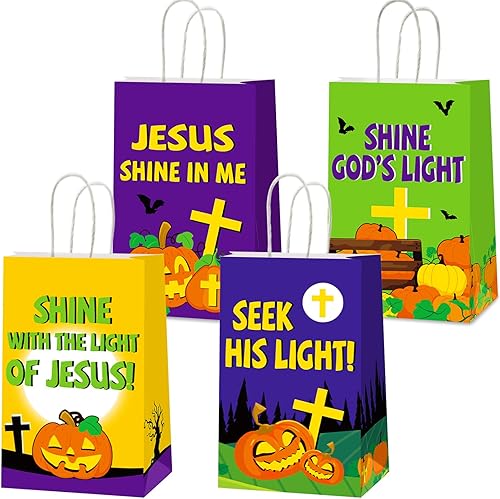 Miniatura 1 de 12 bolsas de regalo para fiesta de calabaza cristiana de Halloween, bolsas de dulces de papel de Jesús con asas, decoraciones religiosas para