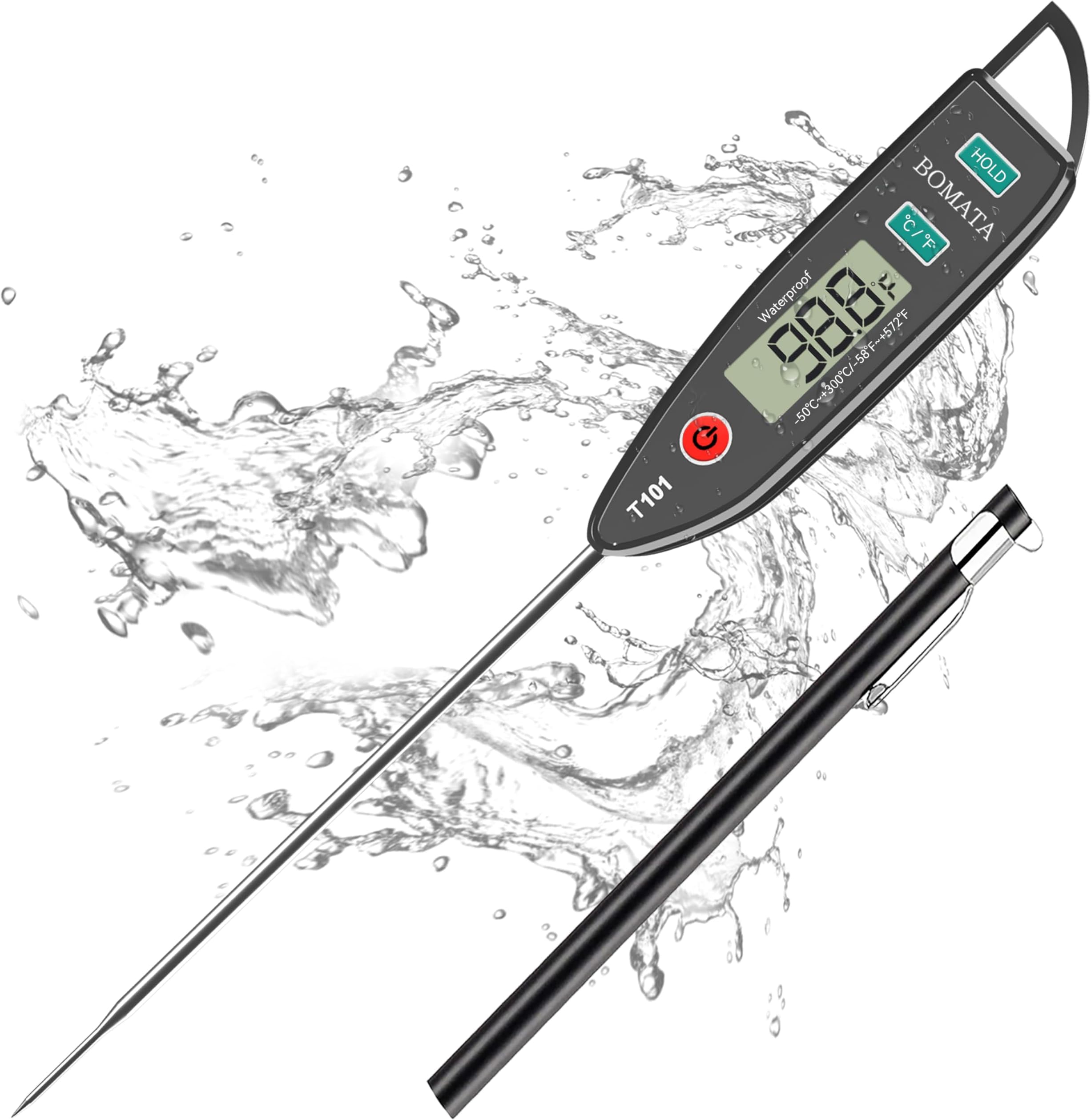 BOMATA Digital Water Thermometer for Water, Liquid, Candle and Cooking. Instant Read Food Thermometer Waterproof IPX7 with Long Probe for Cooking, Meat, BBQ! T101 (Black Color)…