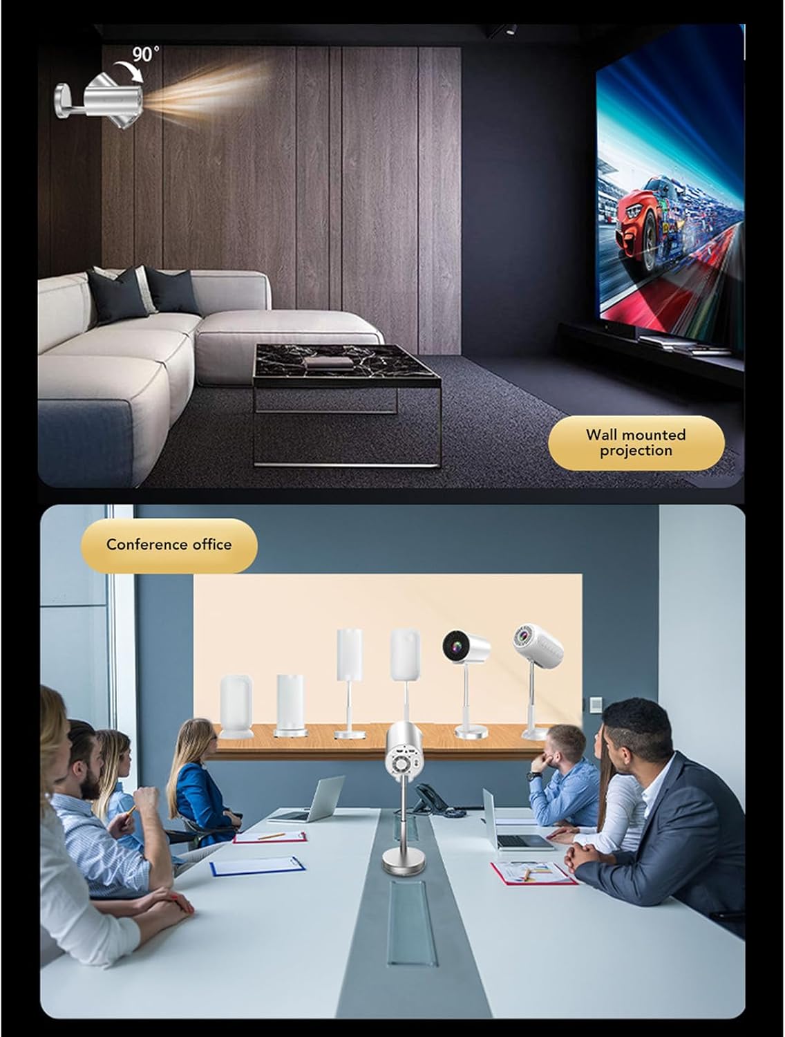 Projector demonstrating wall-mounted and conference room projection