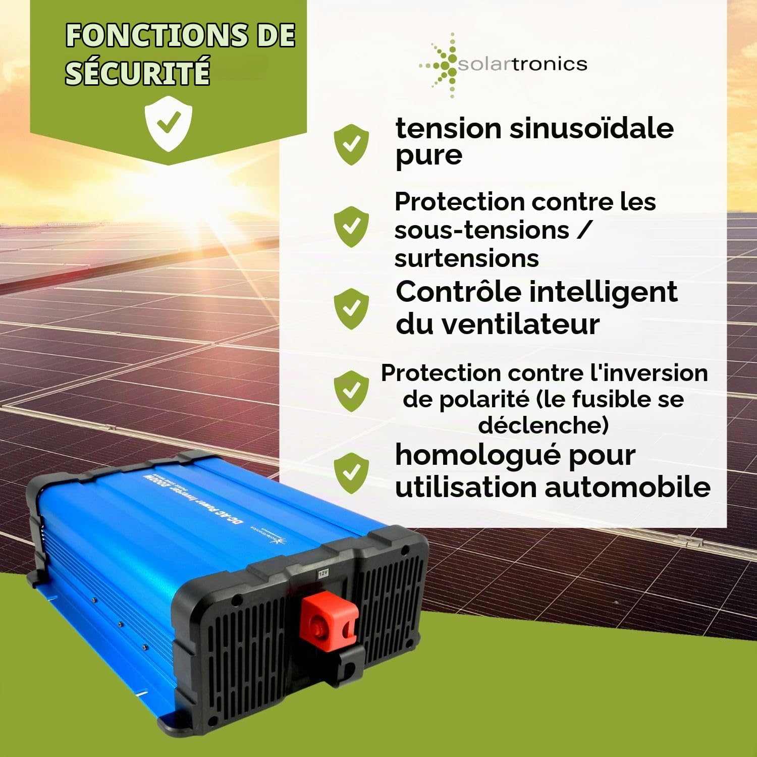 Solartronics Convertisseur de Tension FS2000D 12V 2000/4000 Watt Pur Sinus Bleu avec Affichage