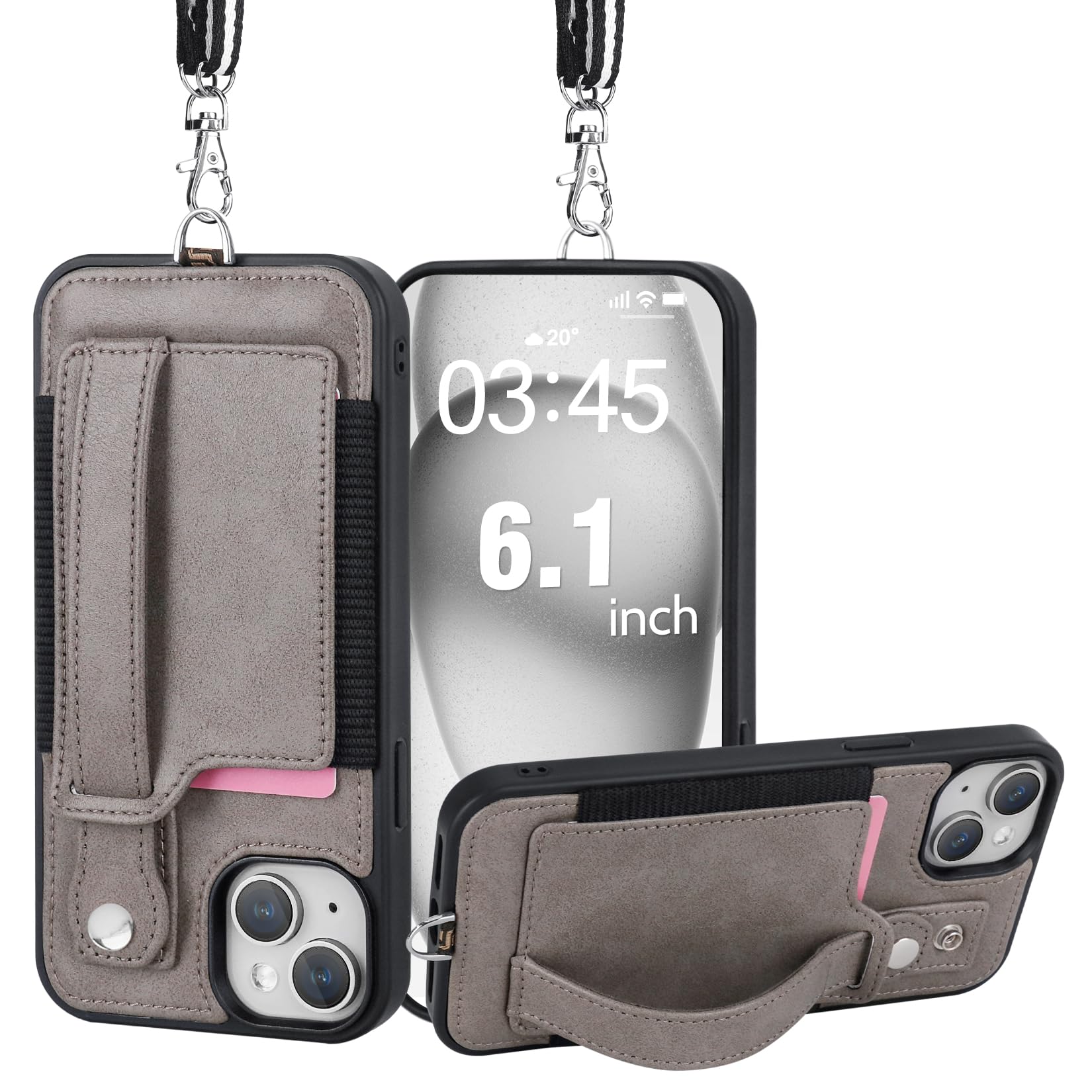 TOOVREN Wallet Case for iPhone 15 Case with Card Holder Lanyard Leather Phone Cover Fits iPhone 15 Wallet Case with Strap Stand for Women & Men 6.1