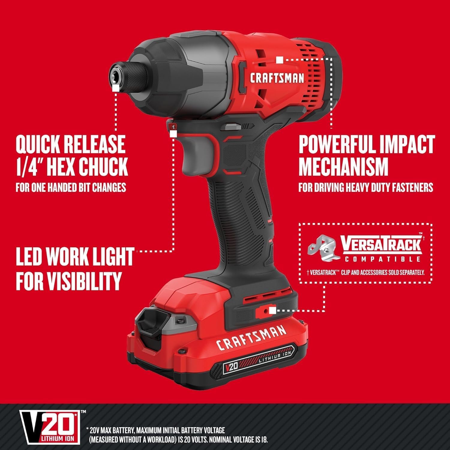 Diagram highlighting key features of the CRAFTSMAN Impact Driver: Quick Release 1/4 Hex Chuck, Powerful Impact Mechanism, LED Work Light, and VersaTrack compatibility.