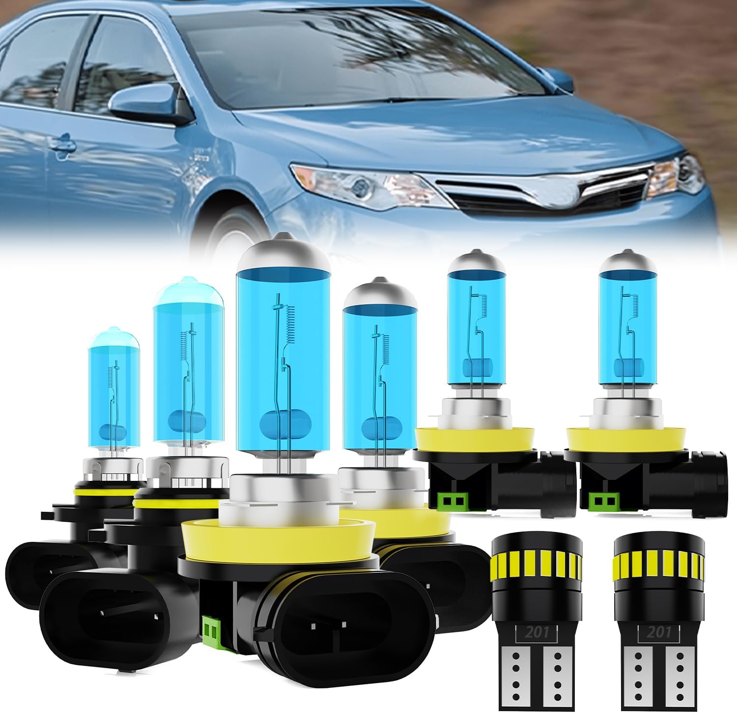 Headlight Bulbs License Plate Lights Fit For Toyota Camry 2007-2014, 9005 High Beam + H11 Low Beam + H11 Fog Lights Halogen Bulb + License Plate Lights, 6000K White, Pack of 8