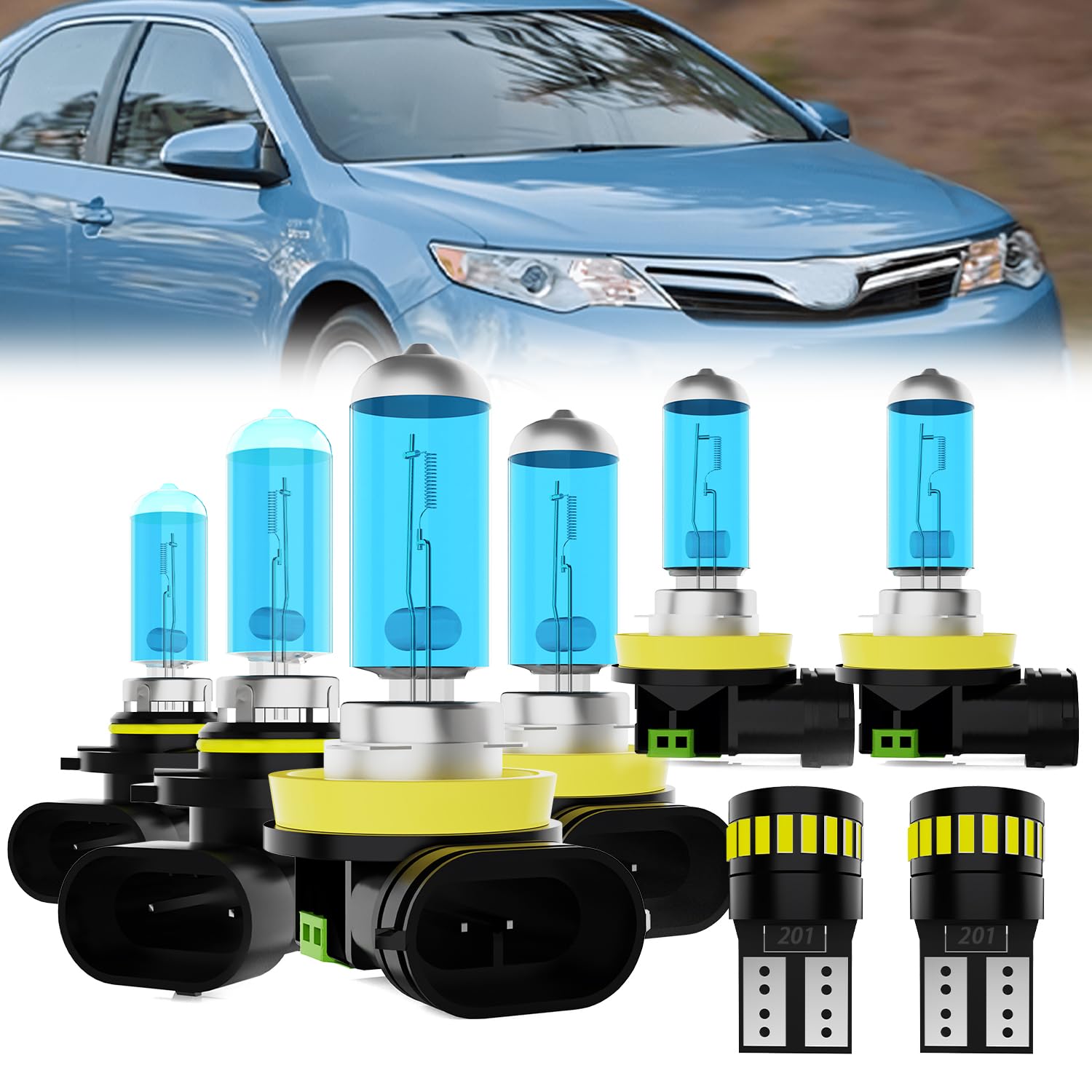 Headlight Bulbs License Plate Lights Fit For Toyota Camry 2007-2014, 9005 High Beam + H11 Low Beam + H11 Fog Lights Halogen Bulb + License Plate Lights, 6000K White, Pack of 8