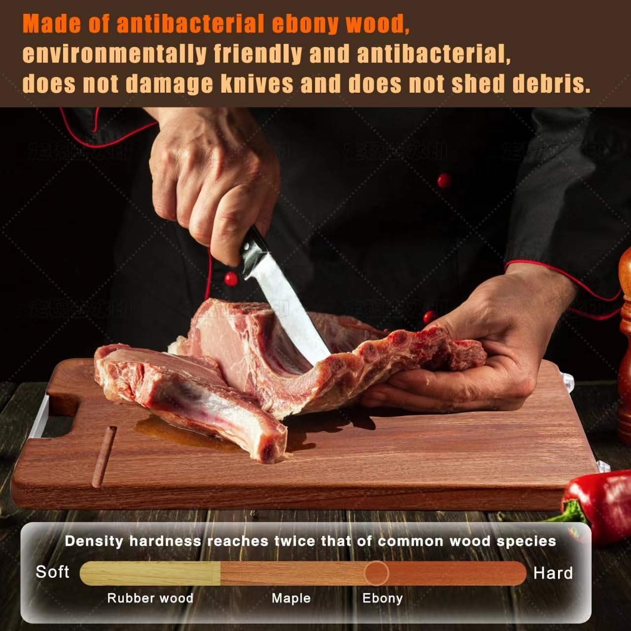 Ebony Kitchen Cutting Board, Wooden Chopping Board, Durable, Solid Wood, Suitable for Cutting Meat, Cheese, Vegetables, Fruit, Raw and Cooked Food, Grooved Tray with Handle [Set of 2]